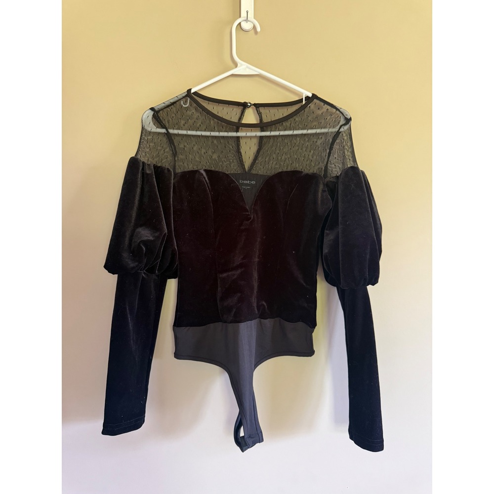 Bebe Deep Sweetheart Neck Velour Bodysuit Black Mesh Puff Sleeve 104983 NEW S‎